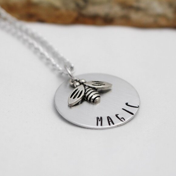 Bee Magic - Hand Stamped Pendant w/ 18" Chain - Handmade & Hypoallergenic - Picture 4 of 6